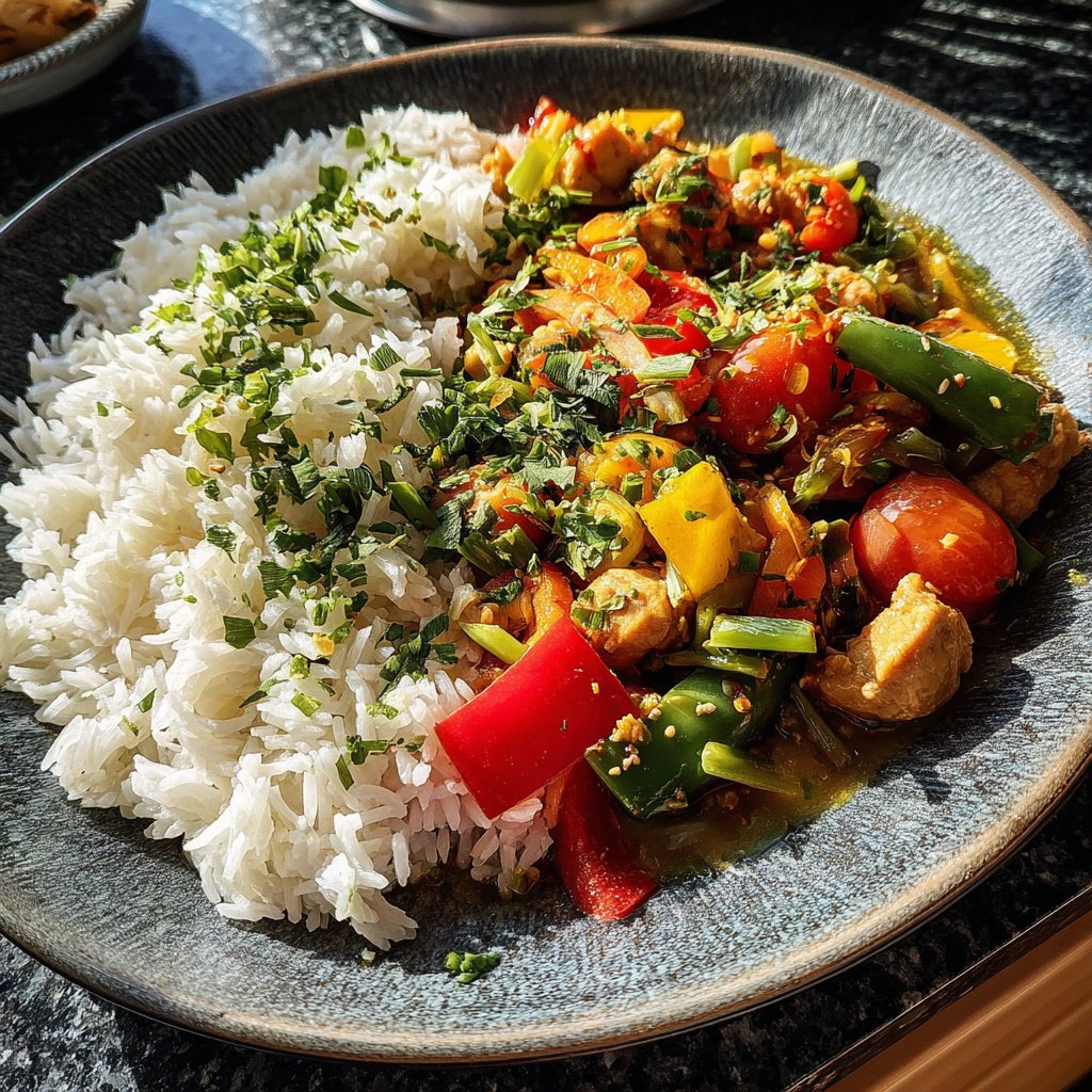 Abendessen mit Gemüsepfanne und Reis